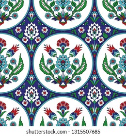 Turkish arabic pattern vector seamless. Ottoman iznik tile design with tulip flowers. Eastern background for wallpaper, backdrop, home textile, curtain fabric.
