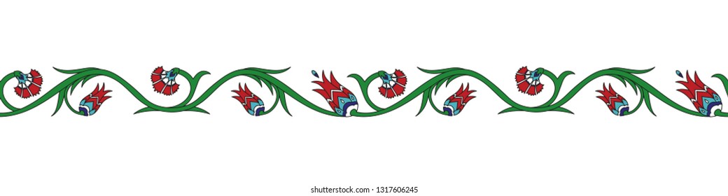 Turkish arabic pattern vector seamless border. Ottoman iznik tile design with tulip flowers. Oriental floral texture for textile, decoration or wallpaper.