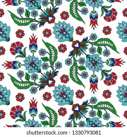 Turkish arabic pattern vector seamless. Ottoman iznik tile design with tulip flowers. Antique background for wallpaper, backdrop, home textile, curtain fabric.