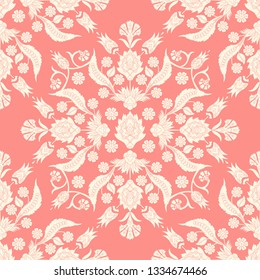 Turkish arabic pattern vector seamless border. Damask texture design with flowers motifs. Oriental indian floral texture for wallpaper, furniture textile, wall decor and interior fabric.