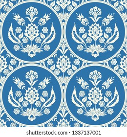 Turkish arabic pattern vector seamless. Damask texture design with tulip flowers motifs. Vintage baroque background for wallpaper, home textile, curtain fabric, interior decor.