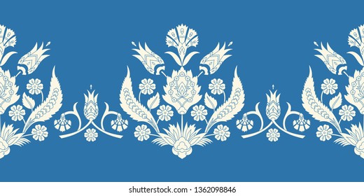 Turkish arabic pattern vector seamless border. Damask texture design with flowers motifs. Arabesque floral texture for wallpaper, home textile and interior decoration.