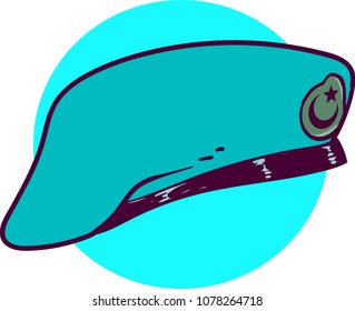 Turkish Army Military Special Forces Soldier Hat Blue Beret, Cartoon Style Vector Illustration.