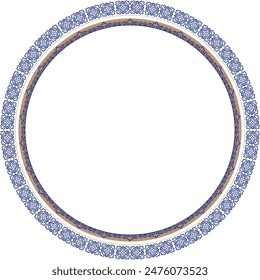 Adornos turcos asiáticos y motivos en forma de círculo. Azul y oro.  Esquinas estampadas para diseño de cerámica, folletos, Anuncio, fondos, bordes, postales.