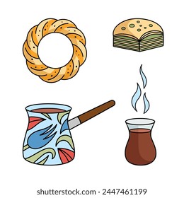 Turkish attributes elements set - Coffee Cezve, tulip shaped tea cup, baklava, bagel. Vector collection. Vector traditional elements of Turkish culture.