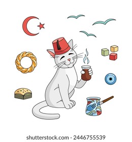 Turkish attributes set - Cezve, tea cup, baklava, bagel, star and crescent, angora cat, delight, amulet, seagull, fez. Vector collection. Turkish angora cat character with Turkish cup of tea. svg