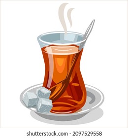Turkish authentic traditional black tea in the glass with a sugar cubes svg