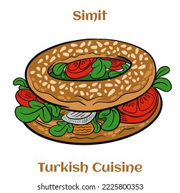 Turkish bagel Simit with sesame. Simitl is traditional Turkish bakery food. Cartoon illustration.