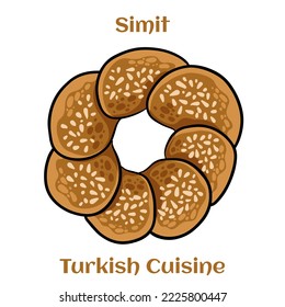 Turkish bagel Simit with sesame. Simitl is traditional Turkish bakery food. Cartoon illustration.