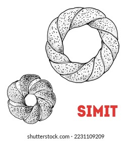 Turkish bagel. Simit sketch, Turkish food. Hand drawn vector illustration. Turkish street food. Sketch style. Top view. Vintage vector illustration.