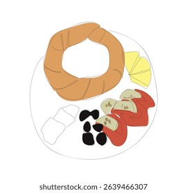 Turkish bakery food. Single continuous line drawing traditional turkish breakfast with olives, simit bagels, feta cheese,  top view.  Hand made vector not Al