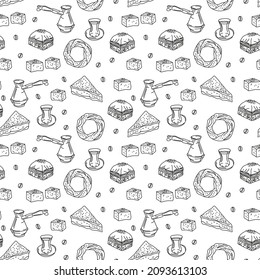 Turkish bakery sweets seamless pattern doodle coffee lukum bahlava cake simit tea