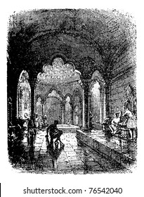 Turkish Bath, during the 1890s, vintage engraving. Old engraved illustration of a Turkish Bath. Trousset Encyclopedia