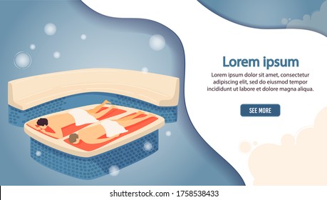 Turkish bath, man visitors lying on marble bench on procedure, relaxation web banner vector illustration. Sweating therapy and treatment in bath, healthy recreation, sauna therapy.