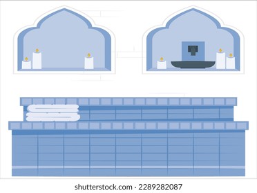 Turkish bath. The navel stone found in the Turkish bath. Bath basin. Hammam spa and massage room interior slippers and towels isometric vector illustration