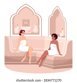 Turkish bath relaxation semi flat RGB color vector illustration. Girls in towels in sauna room. Oriental hotel resort treatment. Lounging women isolated cartoon characters on white background