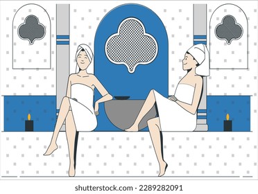 Turkish bath relaxation semi flat 
 blue color vector illustration. Girls in towels in sauna room. Oriental hotel resort treatment. Lounging women isolated cartoon characters on white background