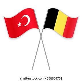 Turkish and Belgian crossed flags. Turkey combined with Belgium isolated on white. Language learning, international business or travel concept.