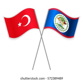 Turkish and Belizean crossed flags. Turkey combined with Belize isolated on white. Language learning, international business or travel concept.
