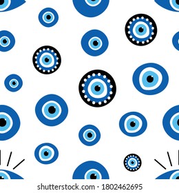 Turkish blue eye-shaped amulets, nazar talismans vector seamless pattern background.