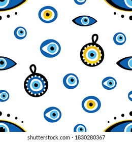 Turkish blue eye-shaped amulets, nazar talismans vector seamless pattern background.