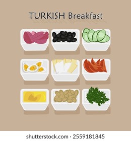 Turkish breakfast. Turkish cuisine. Turkish food. Turkiye. Food. National dish (vegetables, olives, honey, bread, cheese, sausage, eggs).Turkish breakfast in plates.
