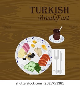 Turkish breakfast. Turkish cuisine. National cuisine. Breakfast on a wooden table. Turkish tea. Tourism. Turkey. Food. National dish (vegetables, olives, honey, bread, cheese, sausage, eggs).