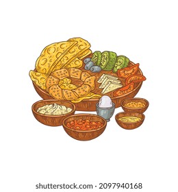 Turkish breakfast Kahvalti table, hand drawn engraving vector illustration isolated on white background. Kahvalti breakfast meal serving with sauces and vegetables.