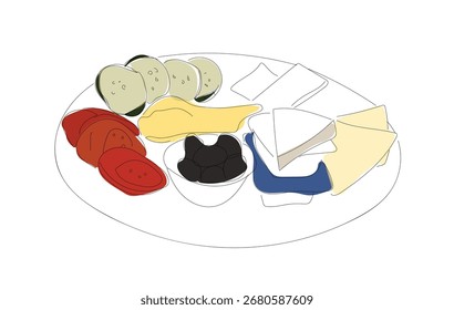 Vista superior do café da manhã turco. Um desenho de linha contínua do café da manhã turco no modo de arte de linha.    Tomate, queijo, pepino, azeitona. Vetor feito à mão não Al. 