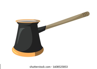 Turkish brewing pot with long handle isolated on white. Handmade coffee maker. Jezve for cafeteria. Kitchenware and household equipment design. Arabic aroma beverage preparation. Vector illustration