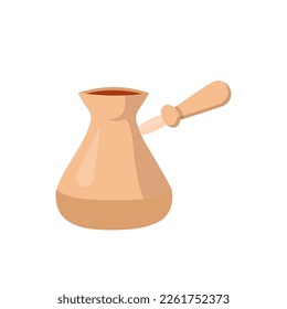 Turkish brewing pot with long handle isolated on white. Handmade coffee maker. Jezve for cafeteria. Kitchenware and household equipment design. Arabic aroma beverage preparation. Vector illustration.