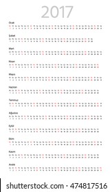 Turkish calendar for 2017 year. One month line. Sans serif font, white background