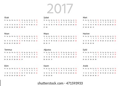Turkish calendar for 2017 year. Two weeks line. Week starts from Monday. Sans serif font, white background