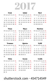 Turkish calendar for 2017 year. Week starts from Monday. Serif font, white background
