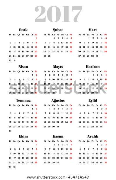 Turkish Calendar 2017 Year Week Starts Stock Vector (Royalty Free ...