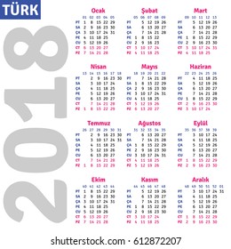 Turkish calendar 2018, vertical calendar grid, vector 
