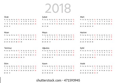 Turkish calendar for 2018 year. Two weeks line. Week starts from Monday. Sans serif font, white background