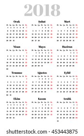 Turkish calendar for 2018 year. Week starts from Monday. Serif font, white background