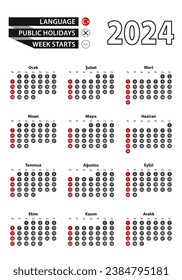 Turkish calendar 2024 with numbers in circles, week starts on Sunday. 2024 with flag of Turkey. Vector illustration.