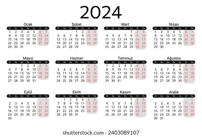 TURKISH calendar for 2024. Printable, editable vector illustration for Turkey. 12 months year takvim