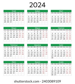 TURKISH calendar for 2024. Printable, editable vector illustration for Turkey. 12 months year takvim. Landscape