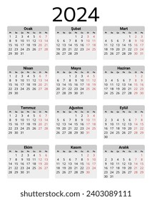 TURKISH calendar for 2024. Printable, editable vector illustration for Turkey. 12 months year takvim