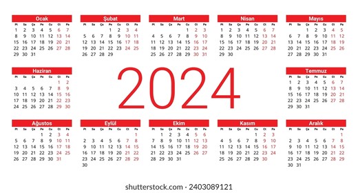 TURKISH calendar for 2024. Printable, editable vector illustration for Turkey. 12 months year takvim. In red color