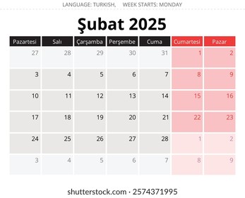 Turkish calendar for february 2025 - takvim. Vector illustration for winter month for Turkey