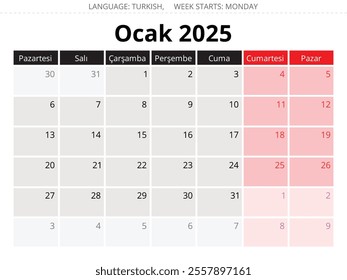 Turkish calendar for January 2025 - takvim ocak. Vector illustration for winter month for Turkey
