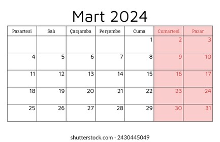 TURKISH calendar for March 2024. Vector illustration. Monthly planning for your business in Turkey
