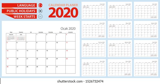 Turkish calendar planner for 2020. Turkish language, week starts from Sunday. Vector template.