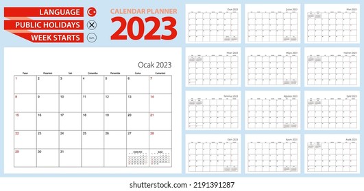 Turkish calendar planner for 2023. Turkish language, week starts from Sunday. Vector template.