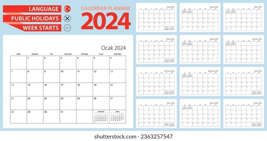 Turkish calendar planner for 2024. Turkish language, week starts from Sunday. Vector template.