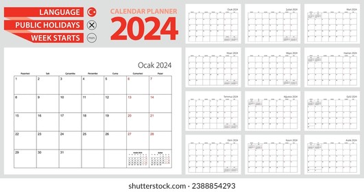 Turkish calendar planner for 2024. Turkish language, week starts from Monday. Vector calendar template for Turkey and other.